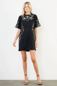 Thml - Puff Sleeve Embroidery Detail Suede Dress