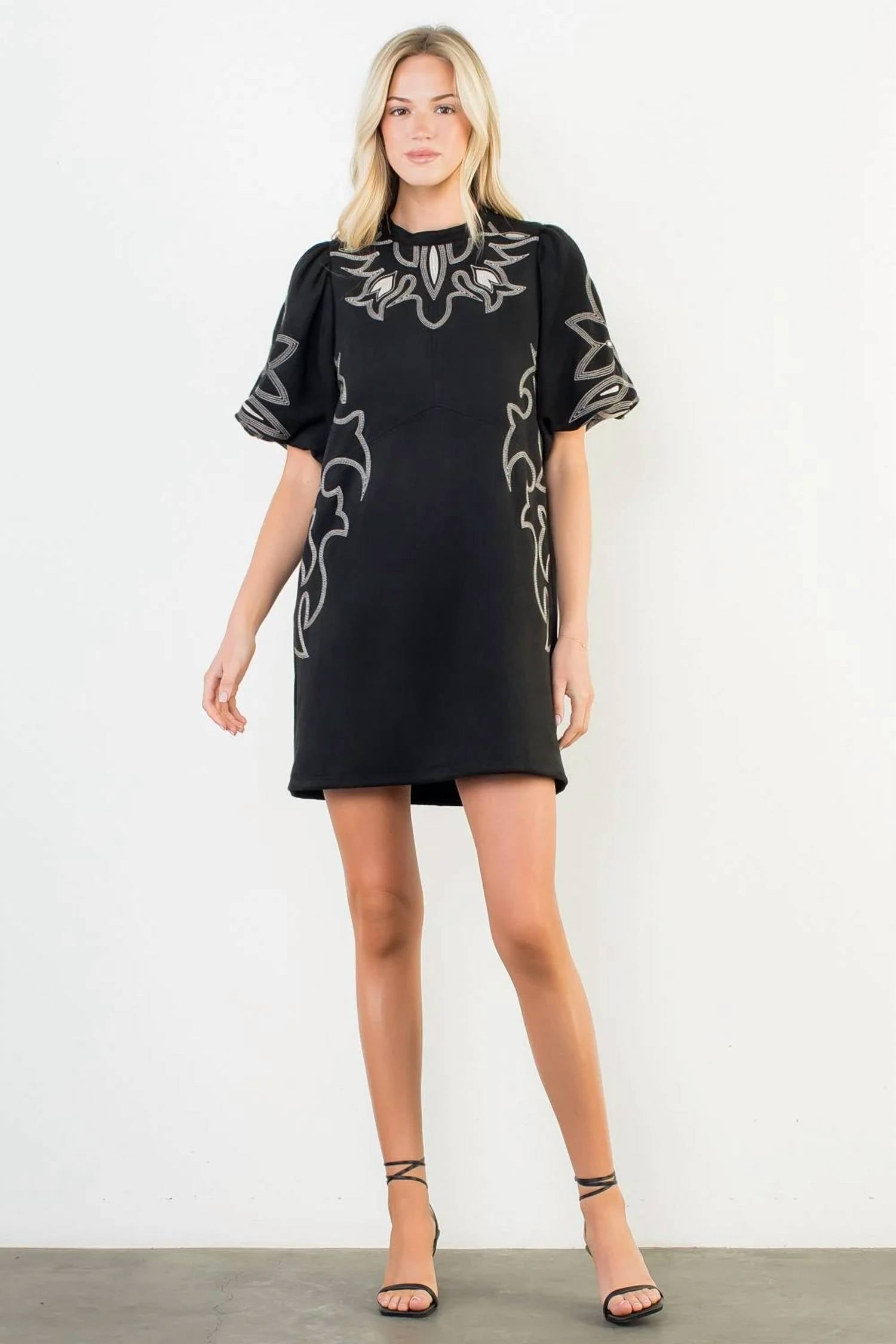 Thml - Puff Sleeve Embroidery Detail Suede Dress