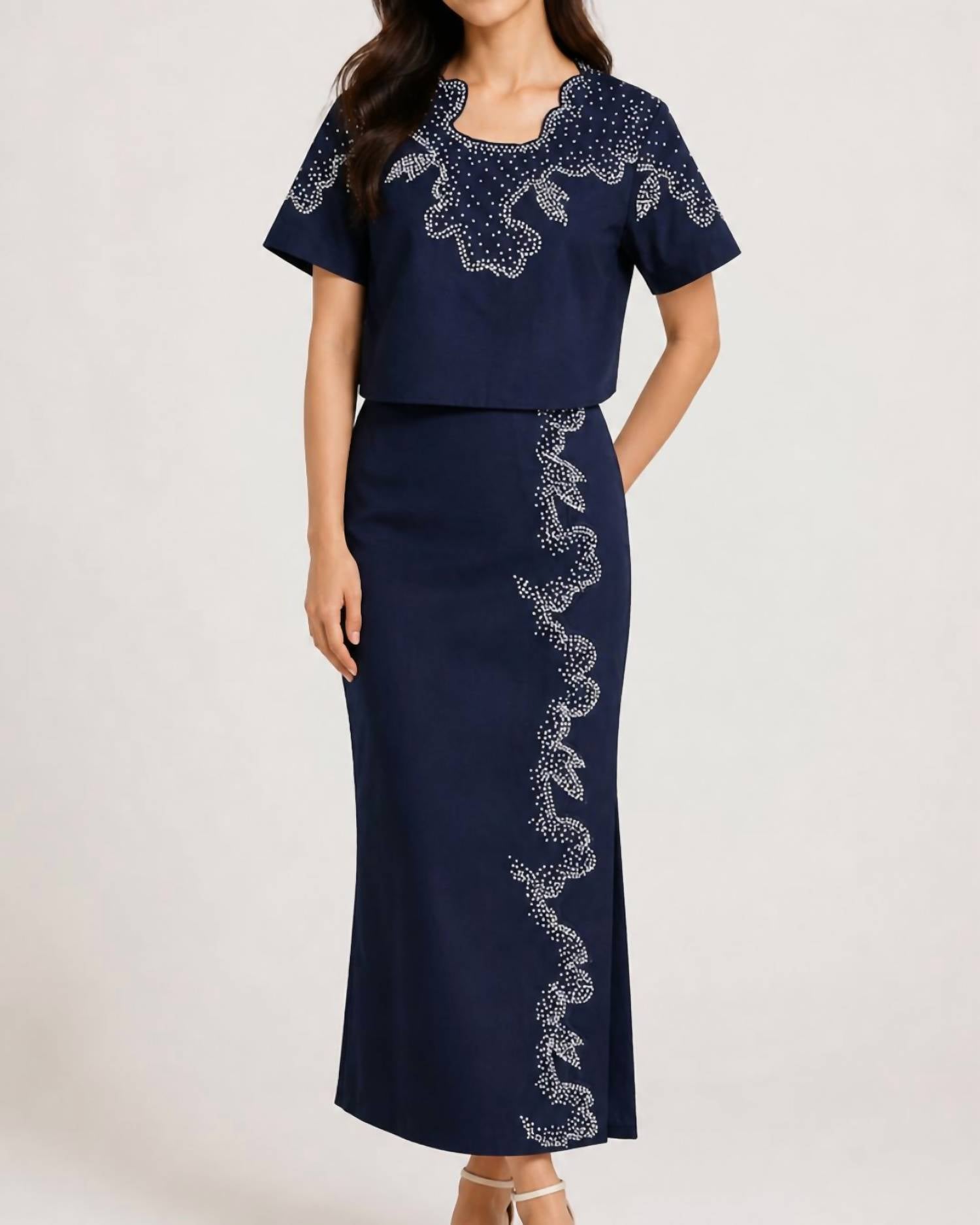Never a Wallflower French Knot Top in navy - women's blouse - detail view