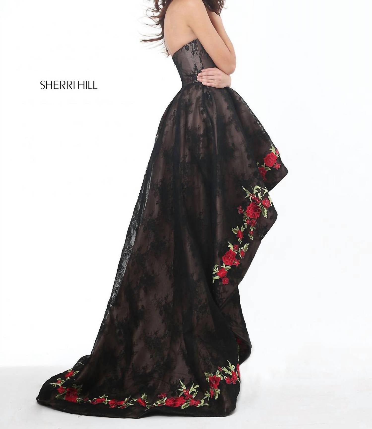 Sherri Hill Lace Floral Embroidered High Low Gown in black - women's dress - alternate view