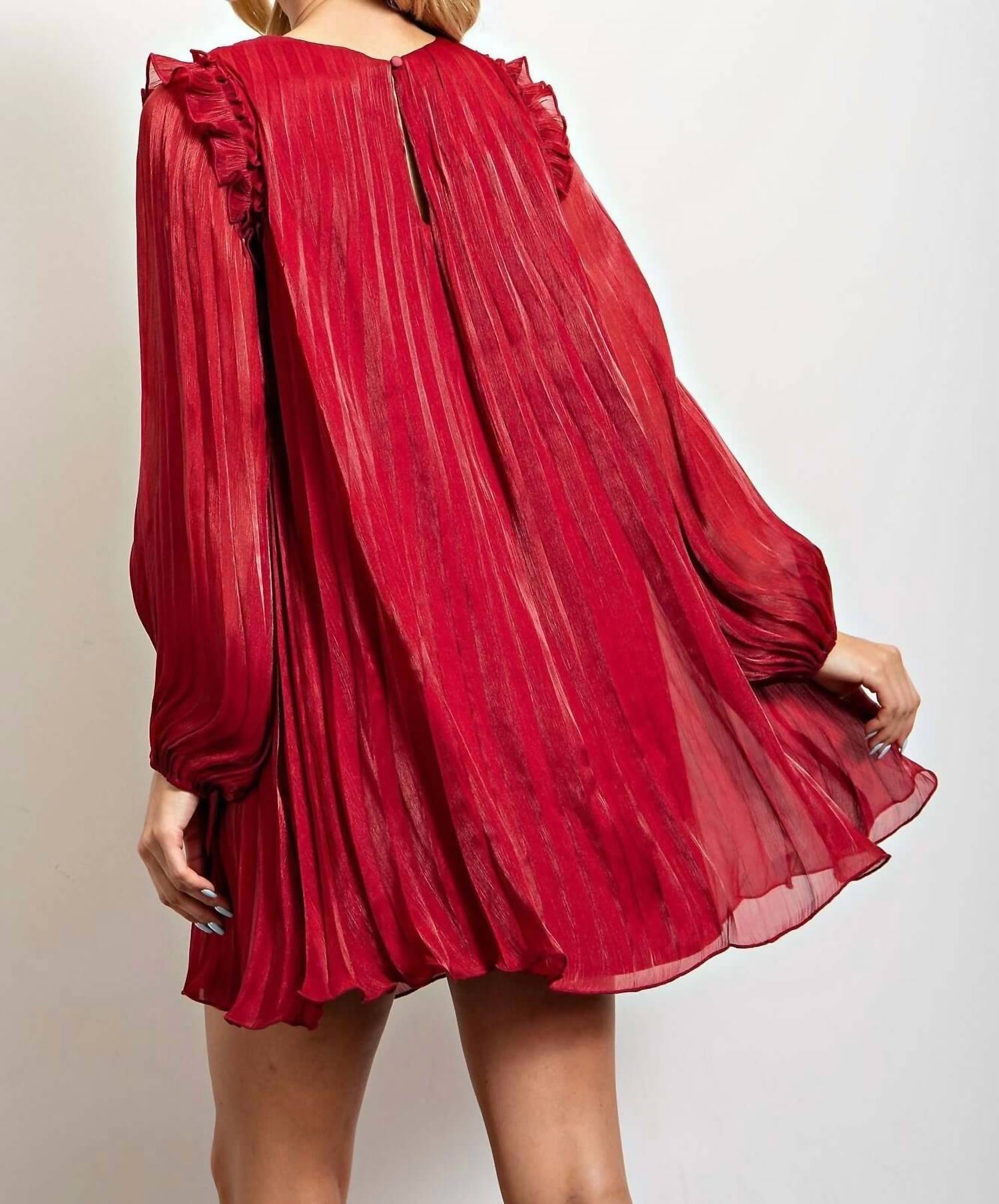 Glam - Ava Long Sleeve Pleated Shift Mini Dress
