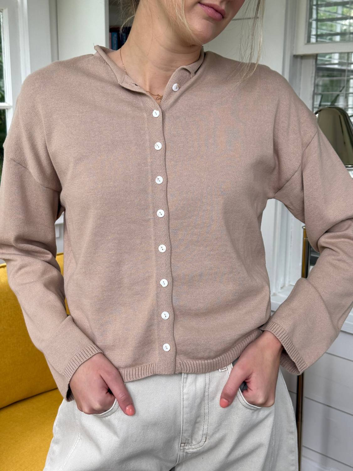 Things Between Toby Buttoned Cardigan Top in beige - women's sweater - alternate view