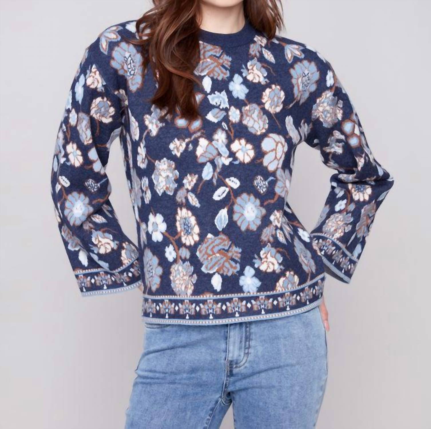 CHARLIE B Long Sleeves Crew Neck Jacquard Sweater in floral - women's sweater