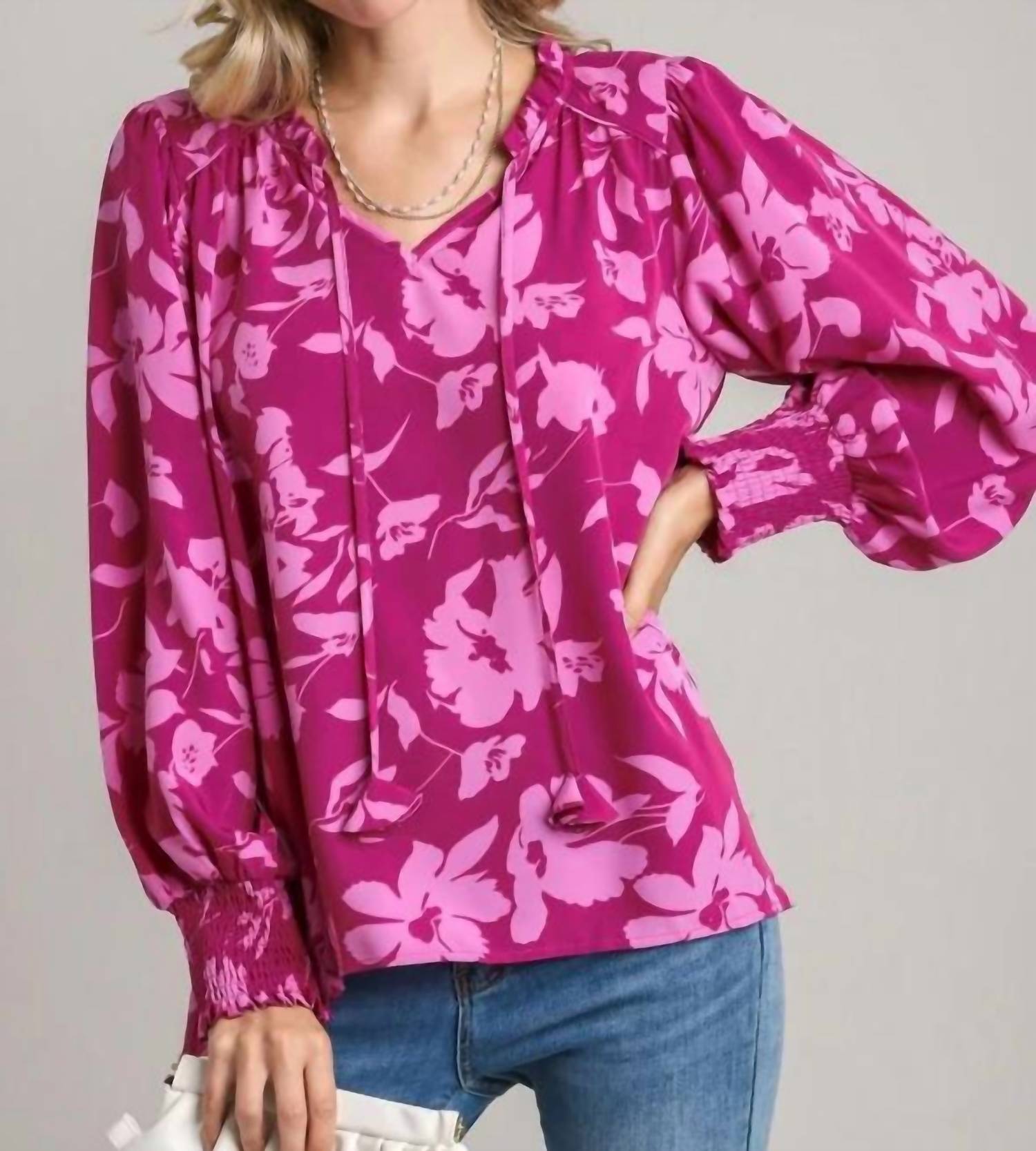 Umgee - Floral Print Notch Neck Top