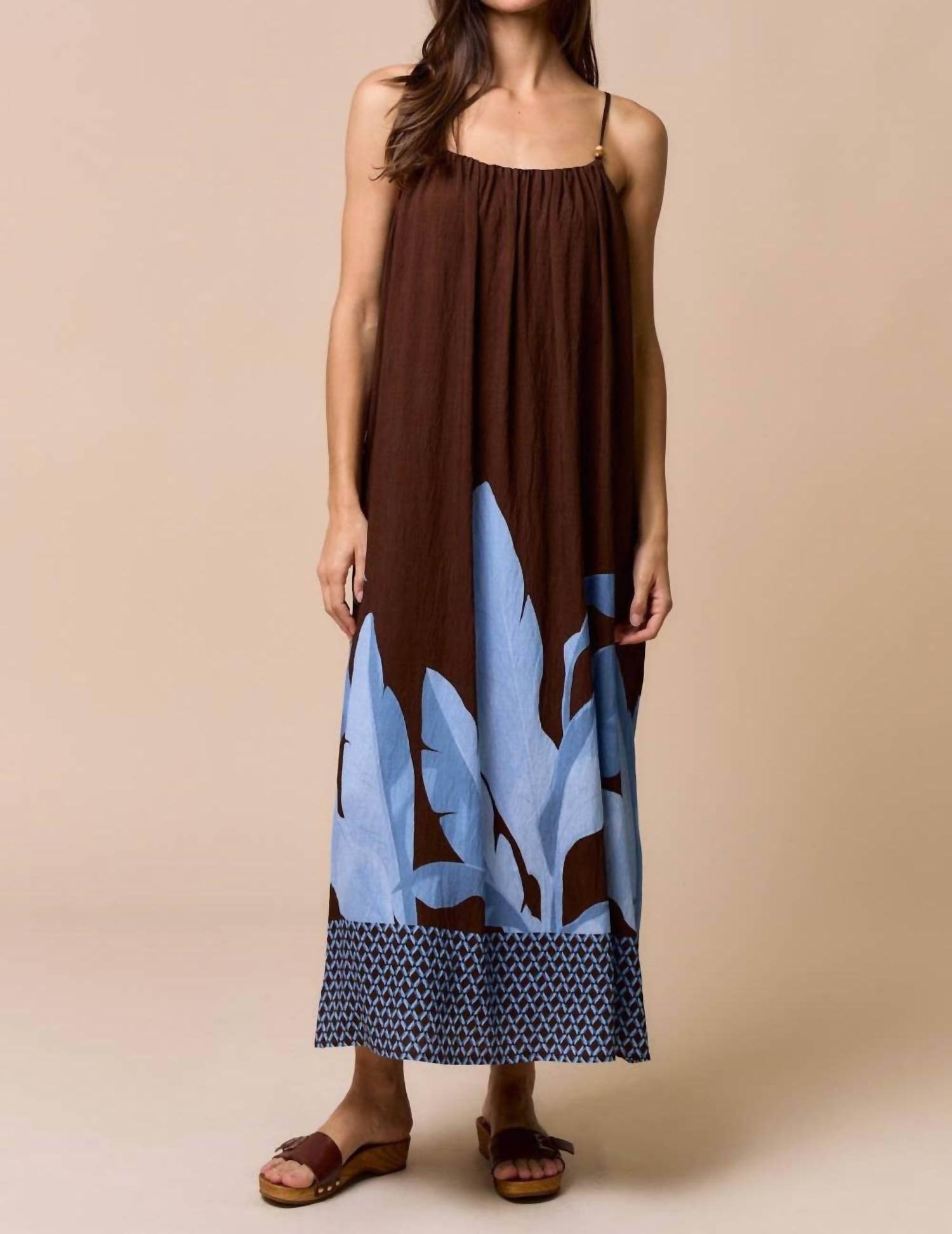 lalavon Strappy Leaf Print Maxi Dress in dark brown blue - women's dress