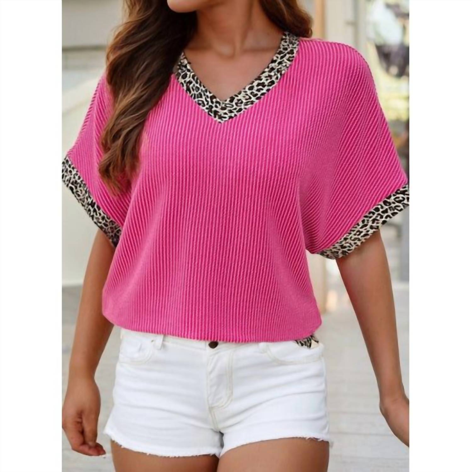 1 The Woman - Leopard Trim Ribbed Top