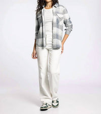 Thread & Supply Cassian Classic Collared Shirt in grey beige plaid - women's shirt - detail view