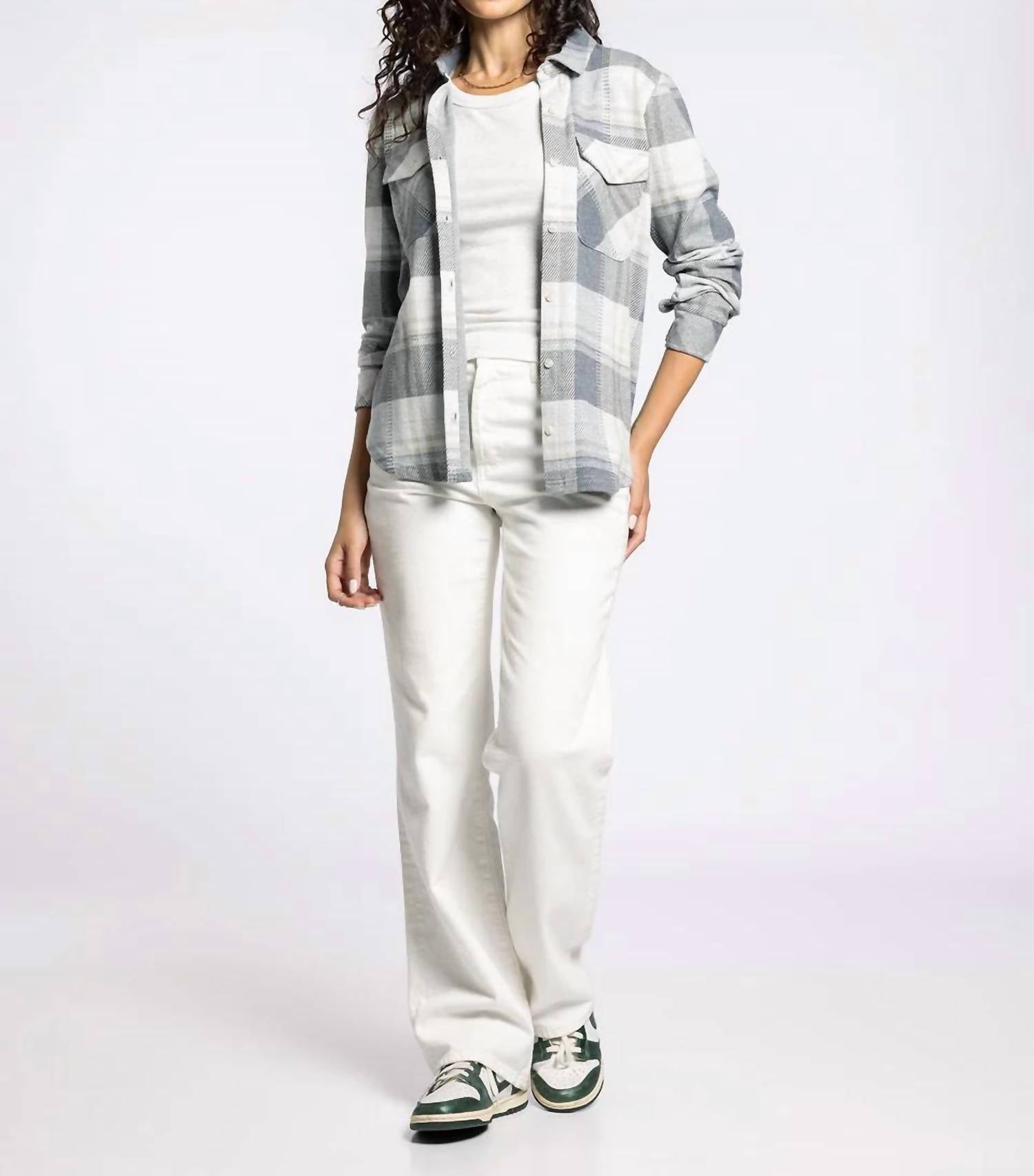 Thread & Supply Cassian Classic Collared Shirt in grey beige plaid - women's shirt - detail view