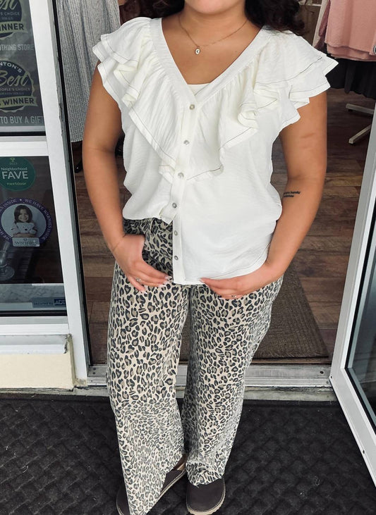 Easel - Leopard Print Wide Leg Washed Twill Pants