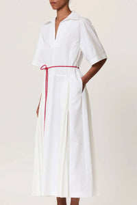 Plan C - Pleated Poplin Dress With Red Belt