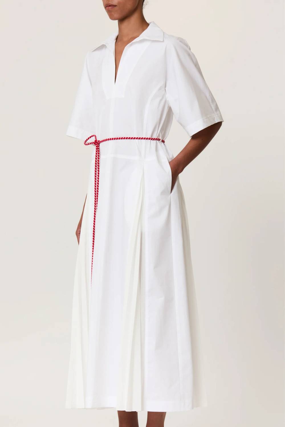 Plan C - Pleated Poplin Dress With Red Belt