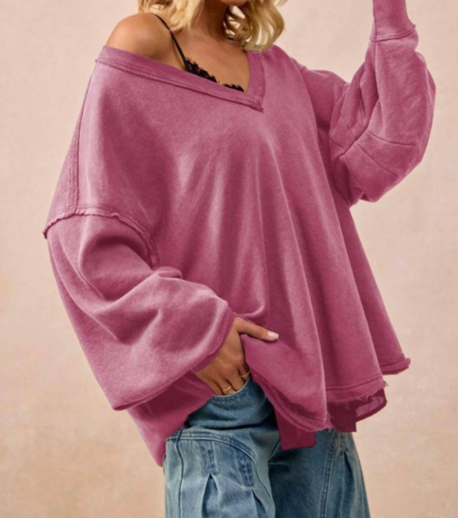 BiBi Desert Dreamer Oversized V-Neck Sweatshirt in dusty rose - women's sweater