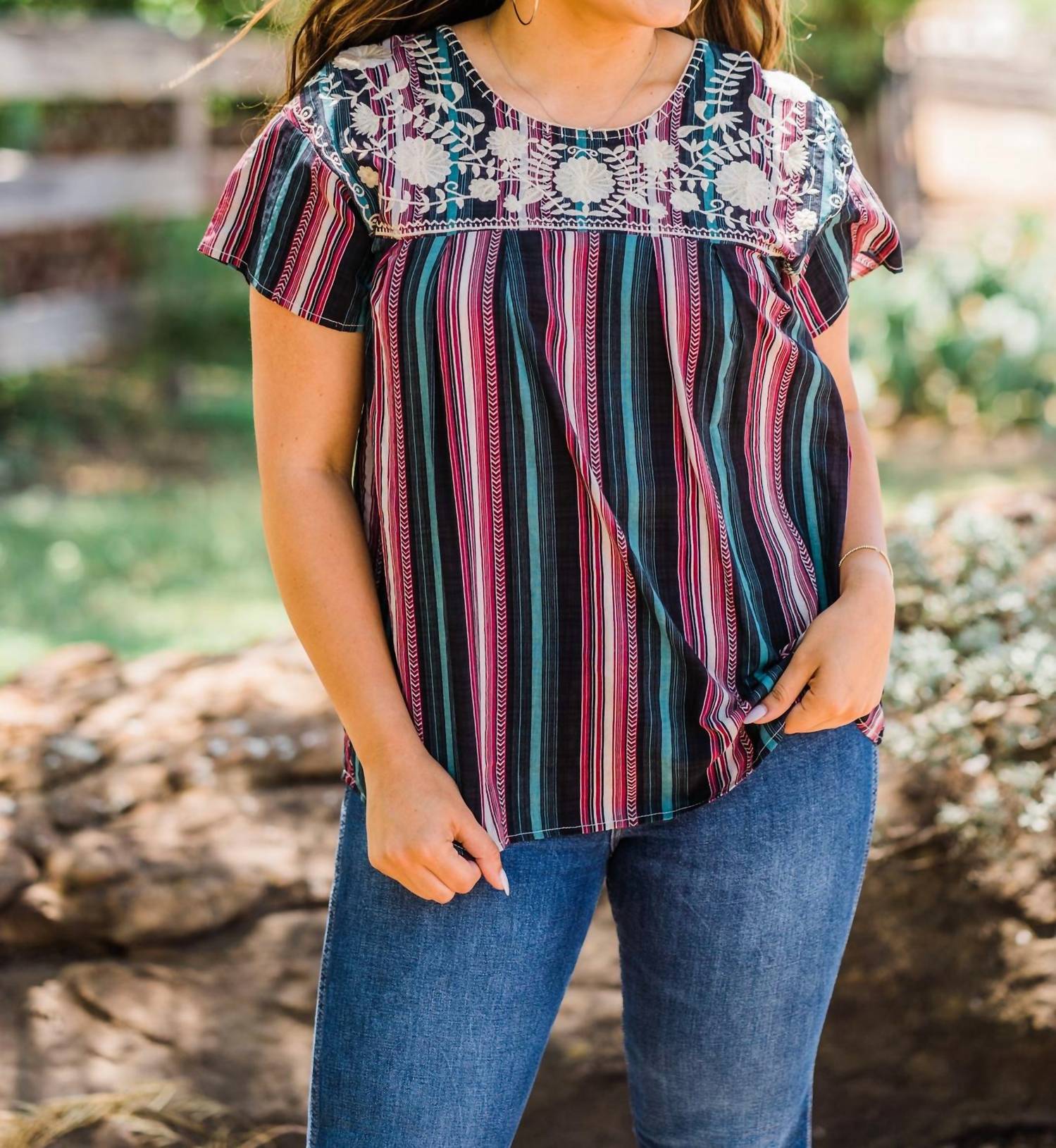 Layerz Clothing - Striped Embroidered Top