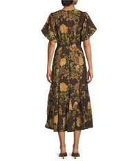 ASTR Lavena Belted V-neck Puff Sleeve Midi Dress in brown floral - women's dress - detail view