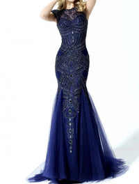 Sherri Hill Beaded Mermaid Gown in navy - women's dress - detail view