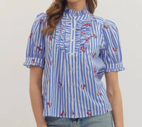 Entro - Striped Embroidered Cherry Puff Sleeve Button Top