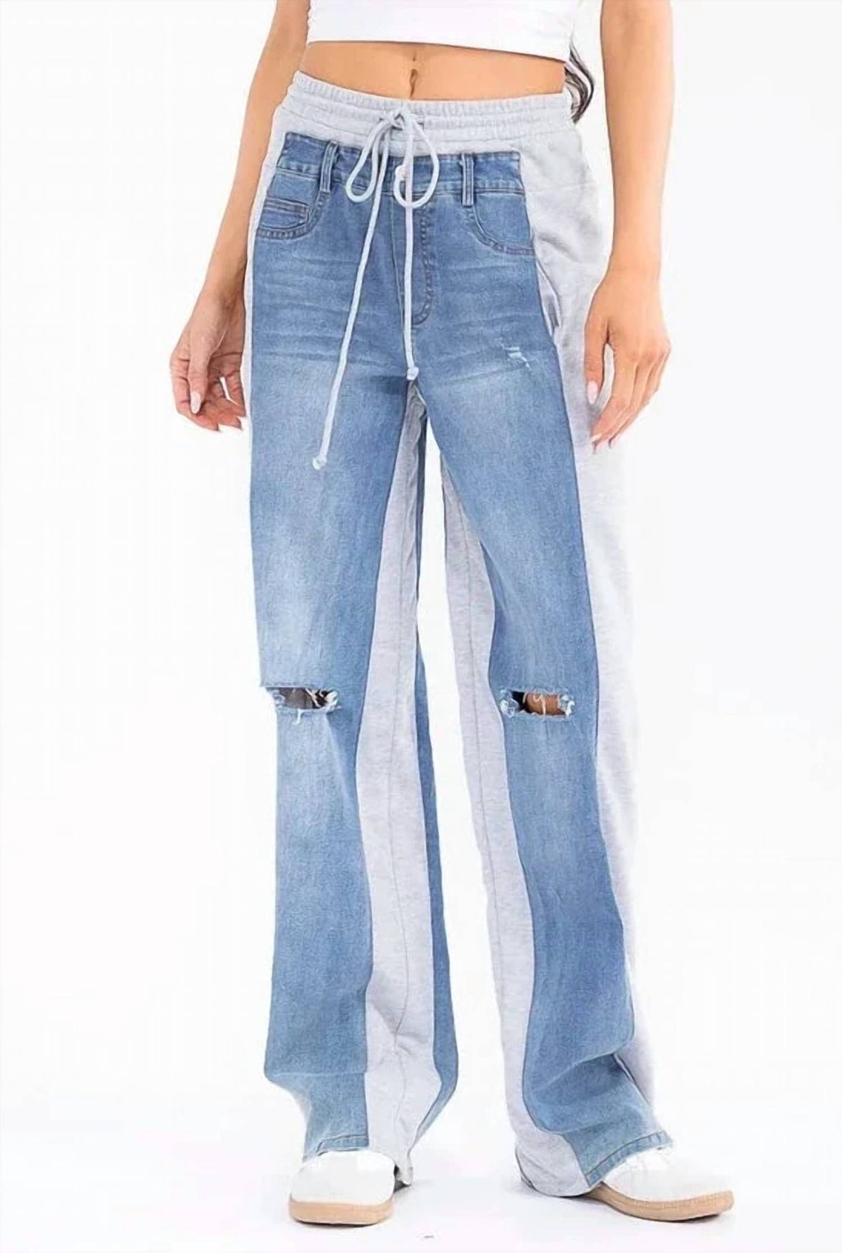 Surelymine - Colorblock Denim And Sweatpant Hybrid Wide-leg Pants