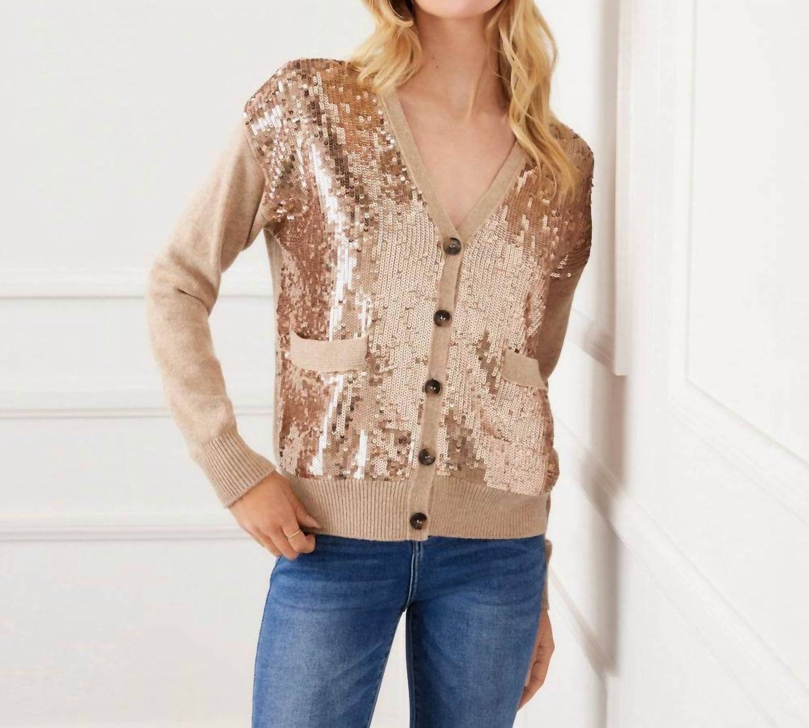 Karen Kane Sequin Cardigan Sweater in dark oatmeal - women's cardigan - view 4