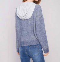 CHARLIE B Hoodie With Front Cable Detail Sweater in heather denim - women's top - alternate view
