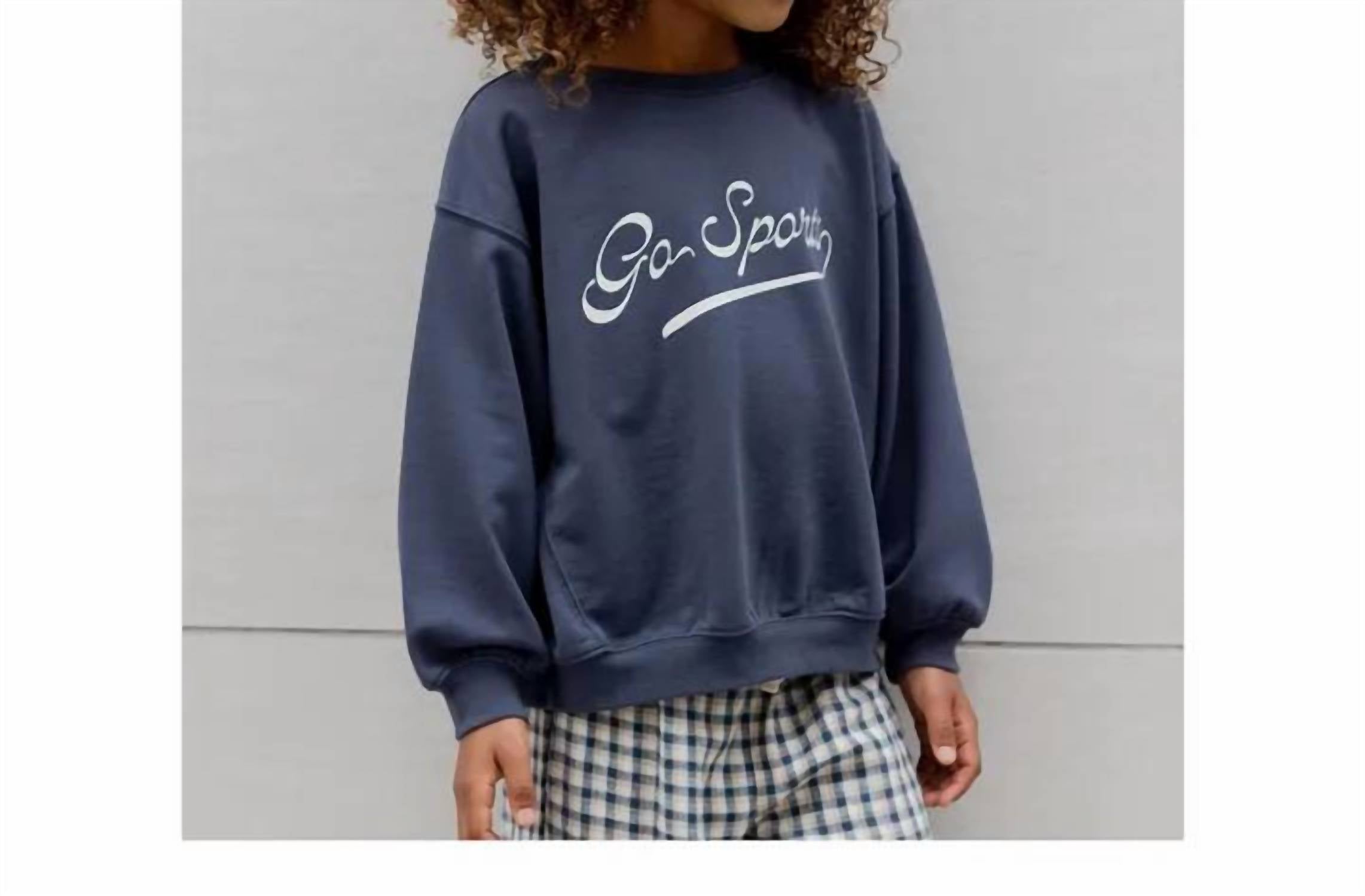Rylee + Cru Go Sports Oversized Sweatshirt in navy blue - kids' shirt - detail view