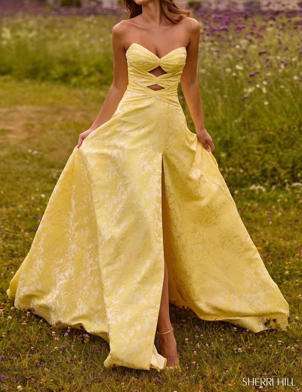 Sherri Hill Strapless Brocade Gown in yellow - women's dress