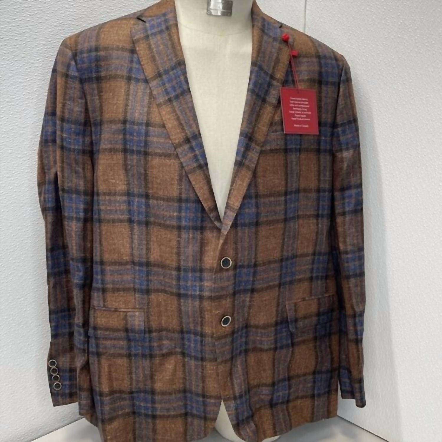 Patrick James Men’s Plaid Wool Blend Sport Coat in brown - men's jacket - detail view