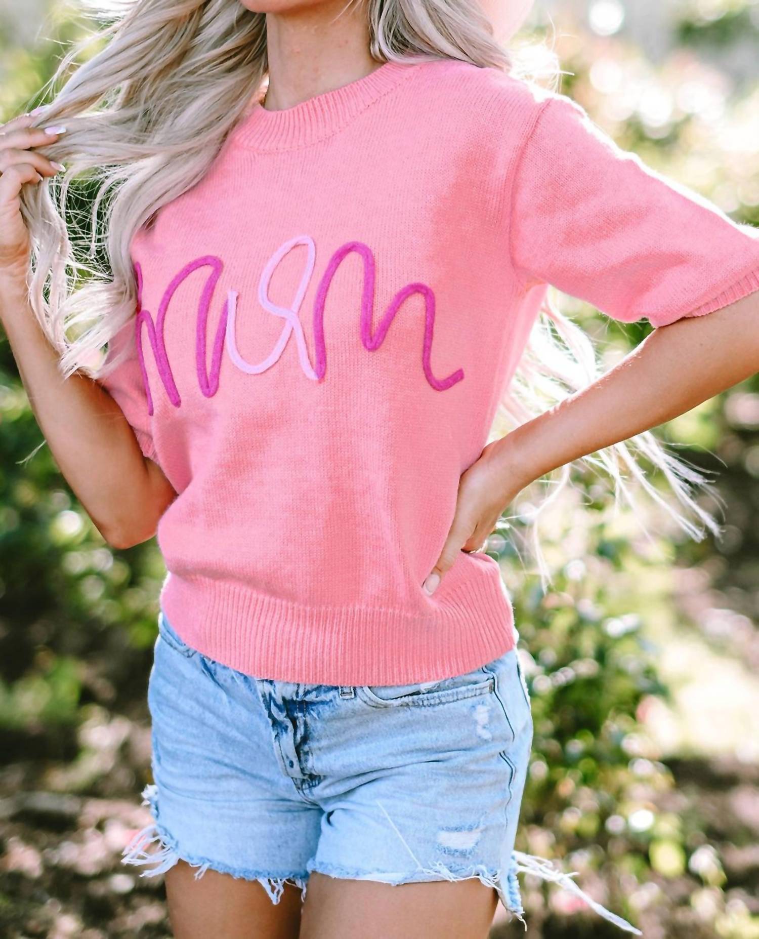 Threaded Pear - Maxine Mom Tinsel Front Short Sleeve Sweater