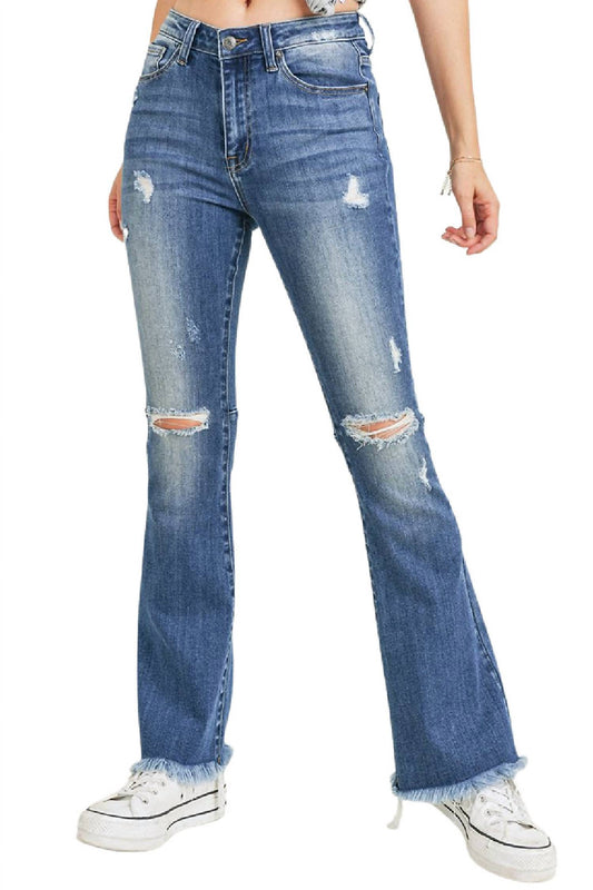 Flare Distressed Knee High Rise Jean