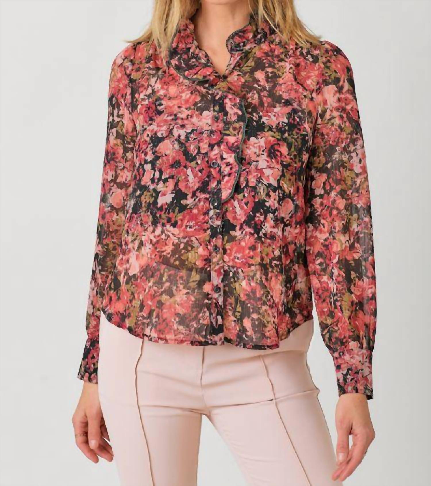 Mystree - Ruffle Neck Button Down Blouse