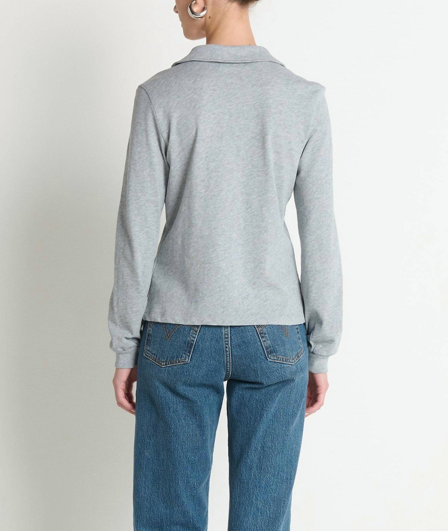 Nation LTD Kimberley Polo Tee Top in heather grey - women's long sleeve top - detail view
