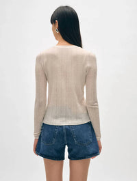 White + Warren Rib V-neck Cardigan in beige - women's sweater - detail view