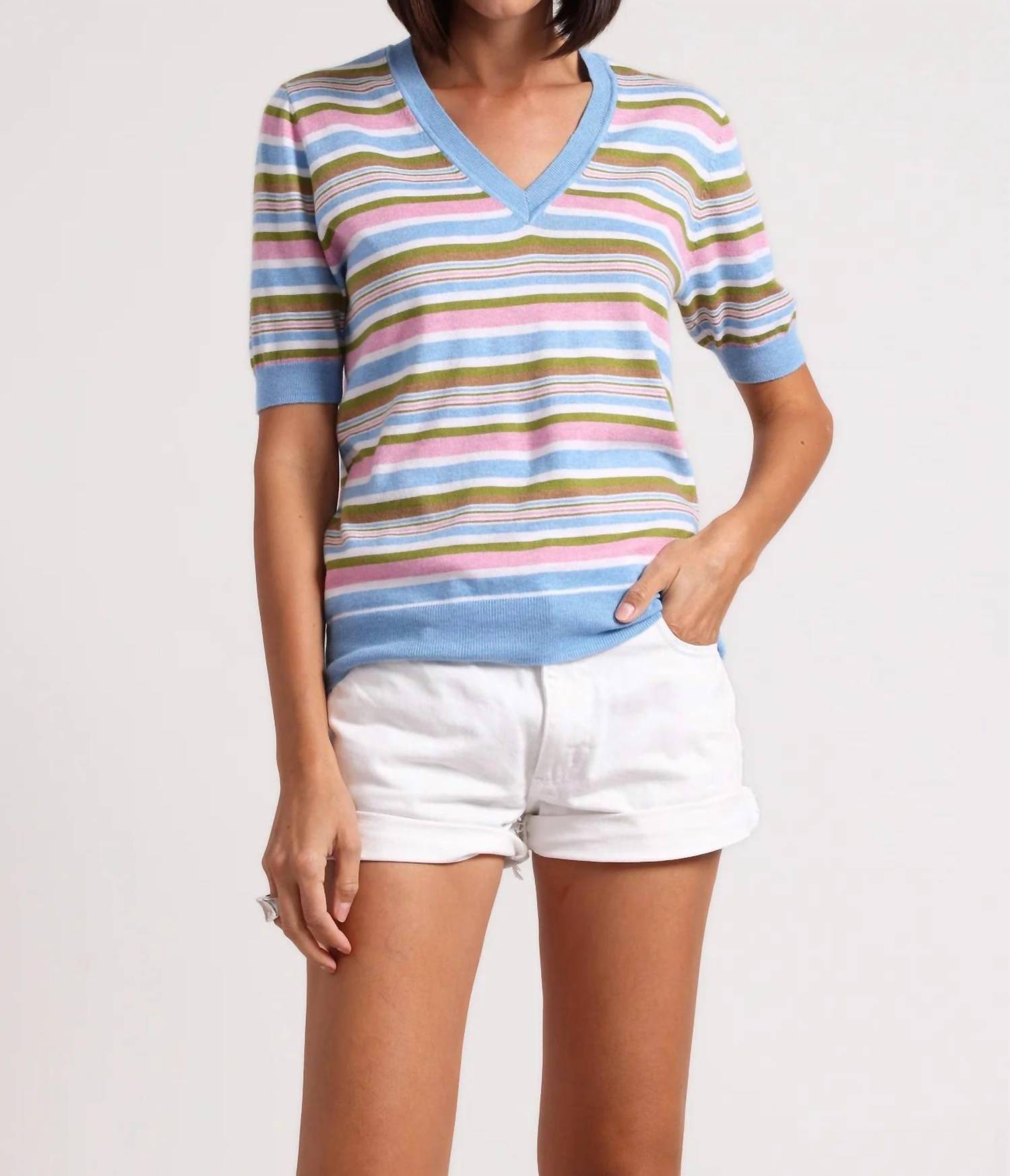 Minnie Rose - Short Sleeve Multi Stripe Top