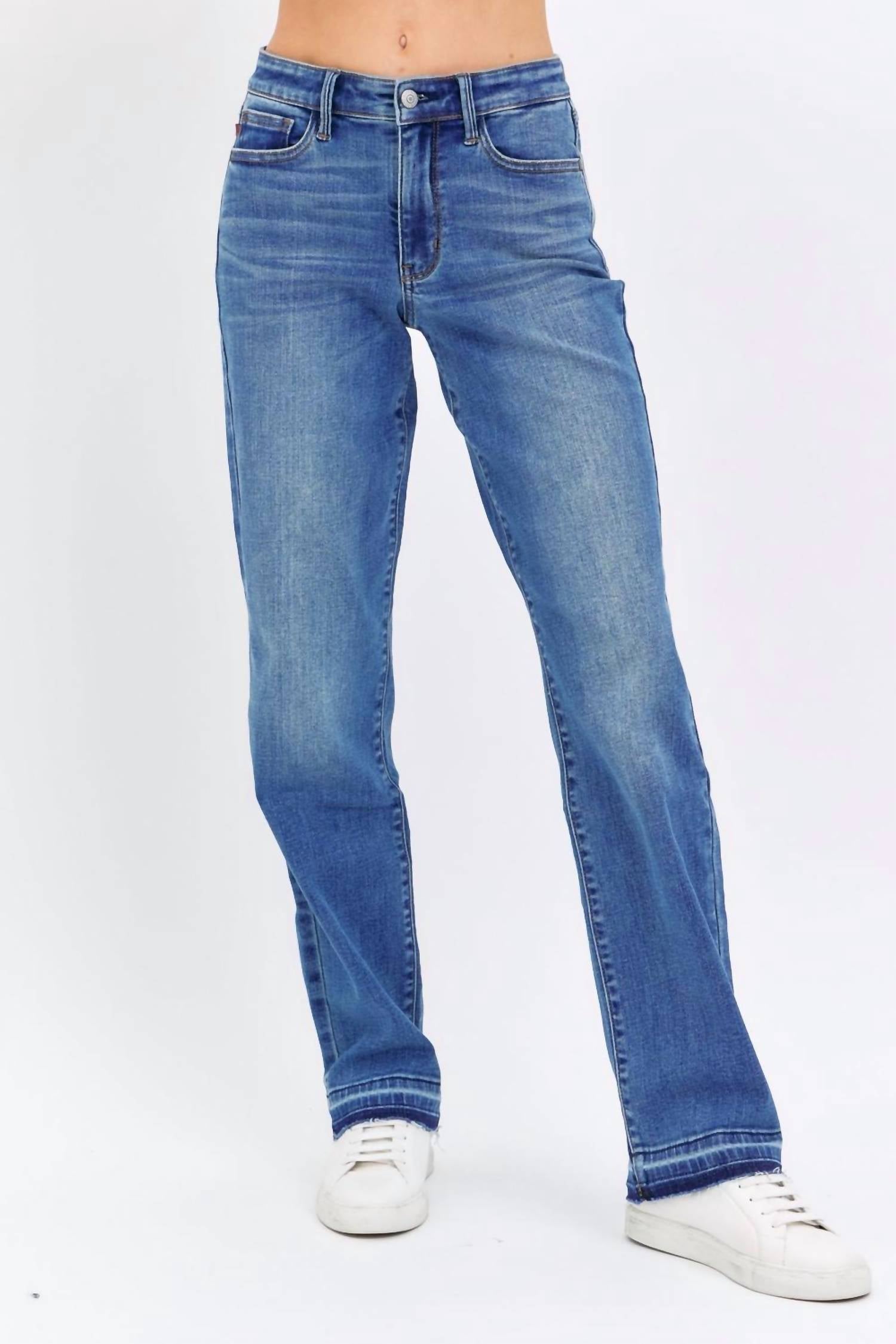 Judy Blue Mid Rise Release Hem Dad Denim Jeans in blue - women's jeans - view 4