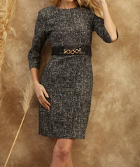 Joseph Ribkoff Faux Leather Detail Tweed Mini Dress in black off white - women's dress - view 7