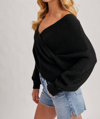 BluIvy Wrap Crossover Ribbed Sweater Top in black - women's sweater - detail view