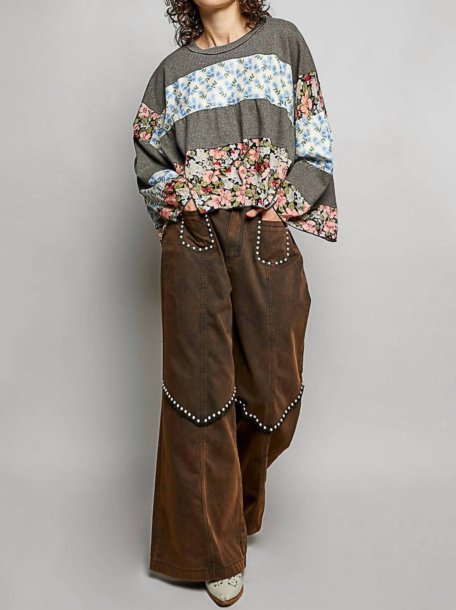 POL Floral Print Top in gray - women's long sleeve top - view 5