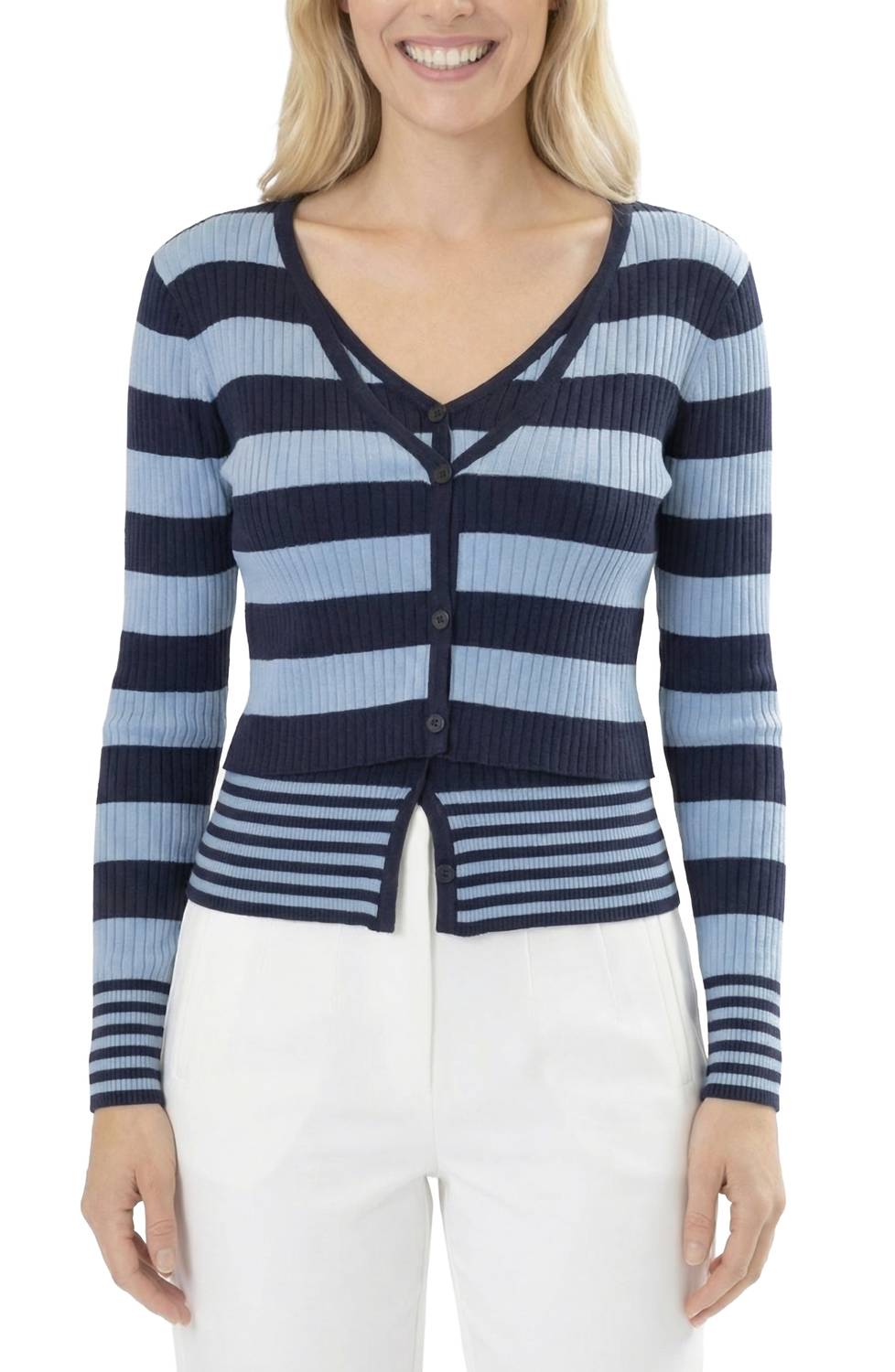 Area Stars Women's Striped Long Sleeve Knit Top in light blue navy - women's cardigan