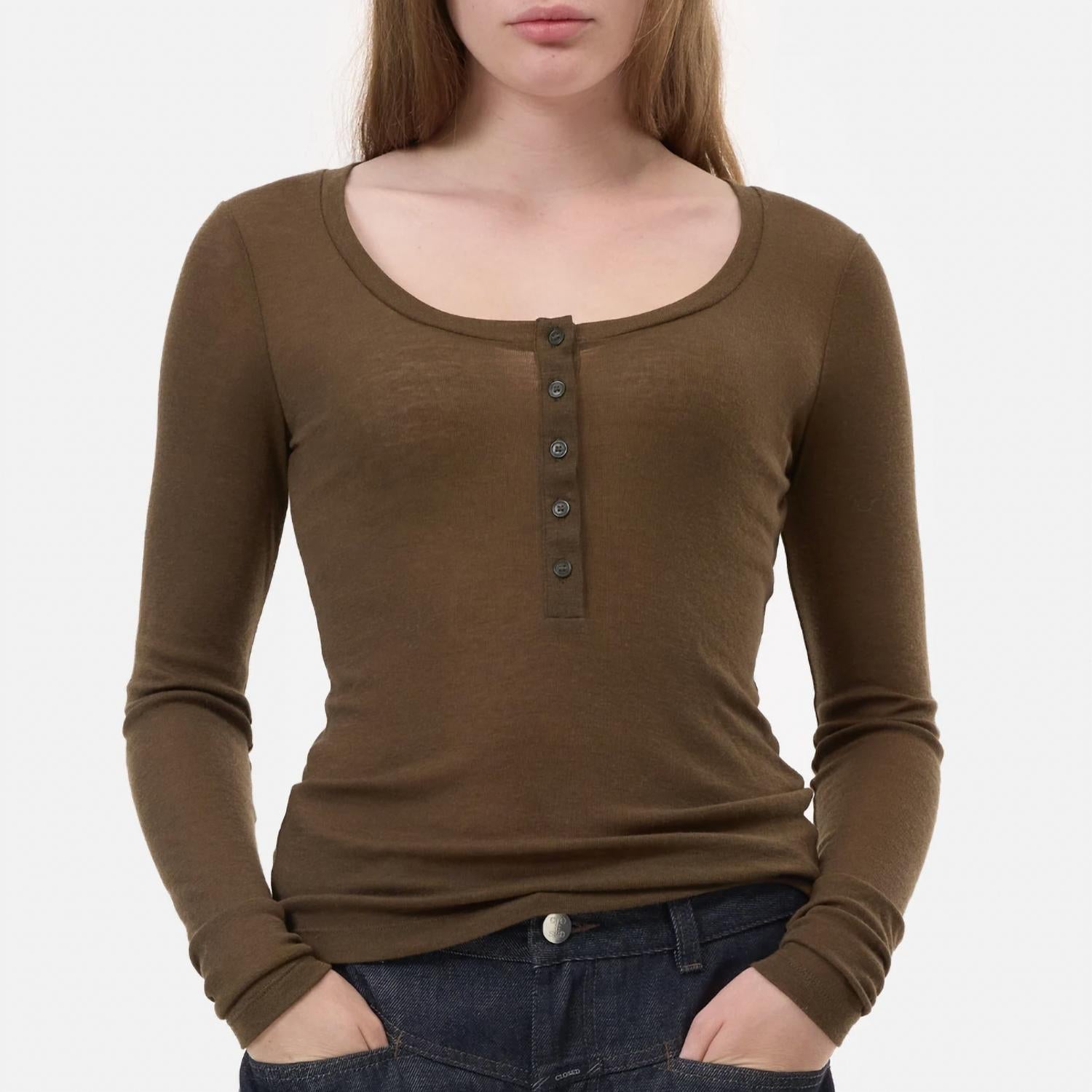 CLOSED Deep Scoopneck Long Sleeve Tee in green - women's long sleeve top