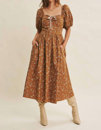 In February - Golden Hour Floral Puff Sleeve Midi Dress With Pockets