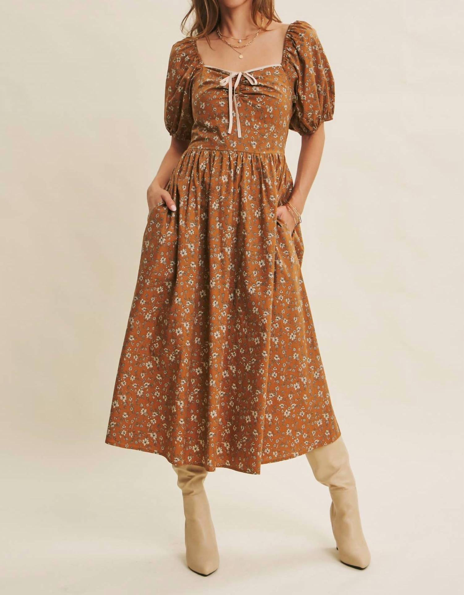 In February - Golden Hour Floral Puff Sleeve Midi Dress With Pockets
