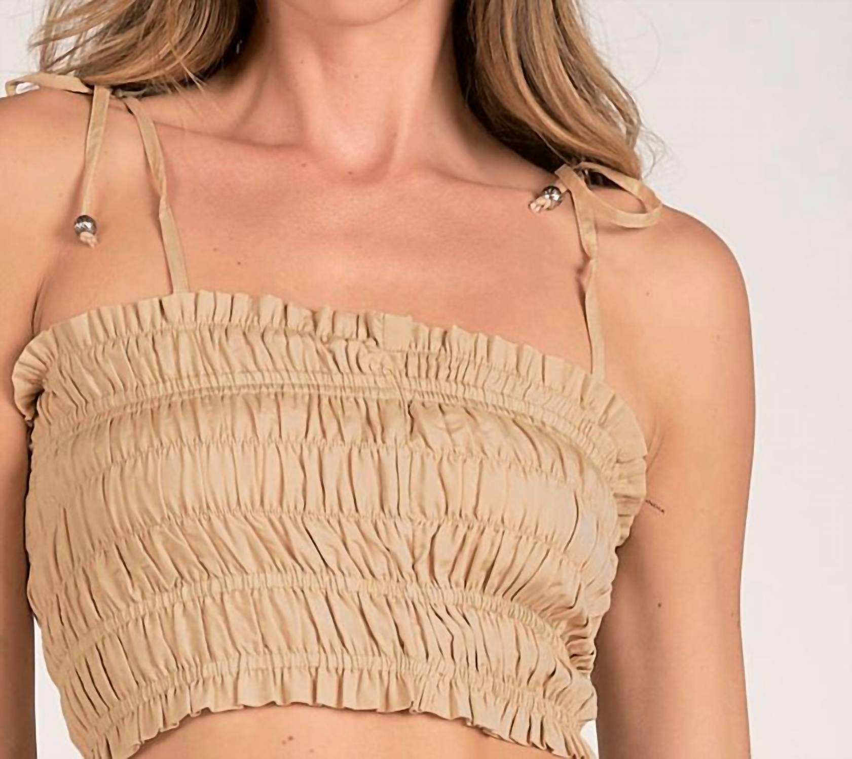 ELAN Nikki Smocked Crop Top in taupe - women's shirt - view 4
