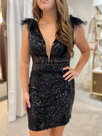 Jovani - Feathered Shoulder Dress