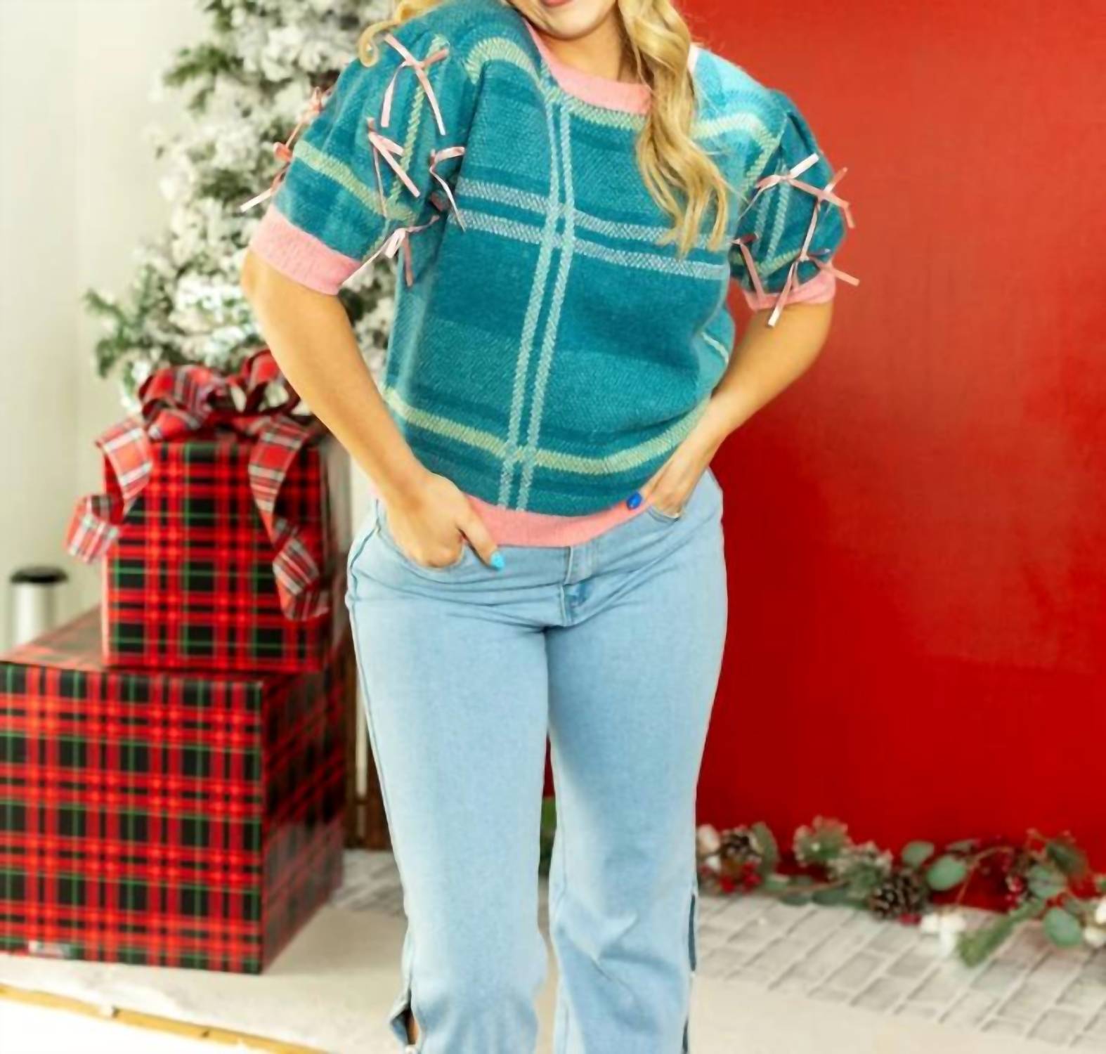 Grace + Emma - Plaid Sweater with Puff Sleeves