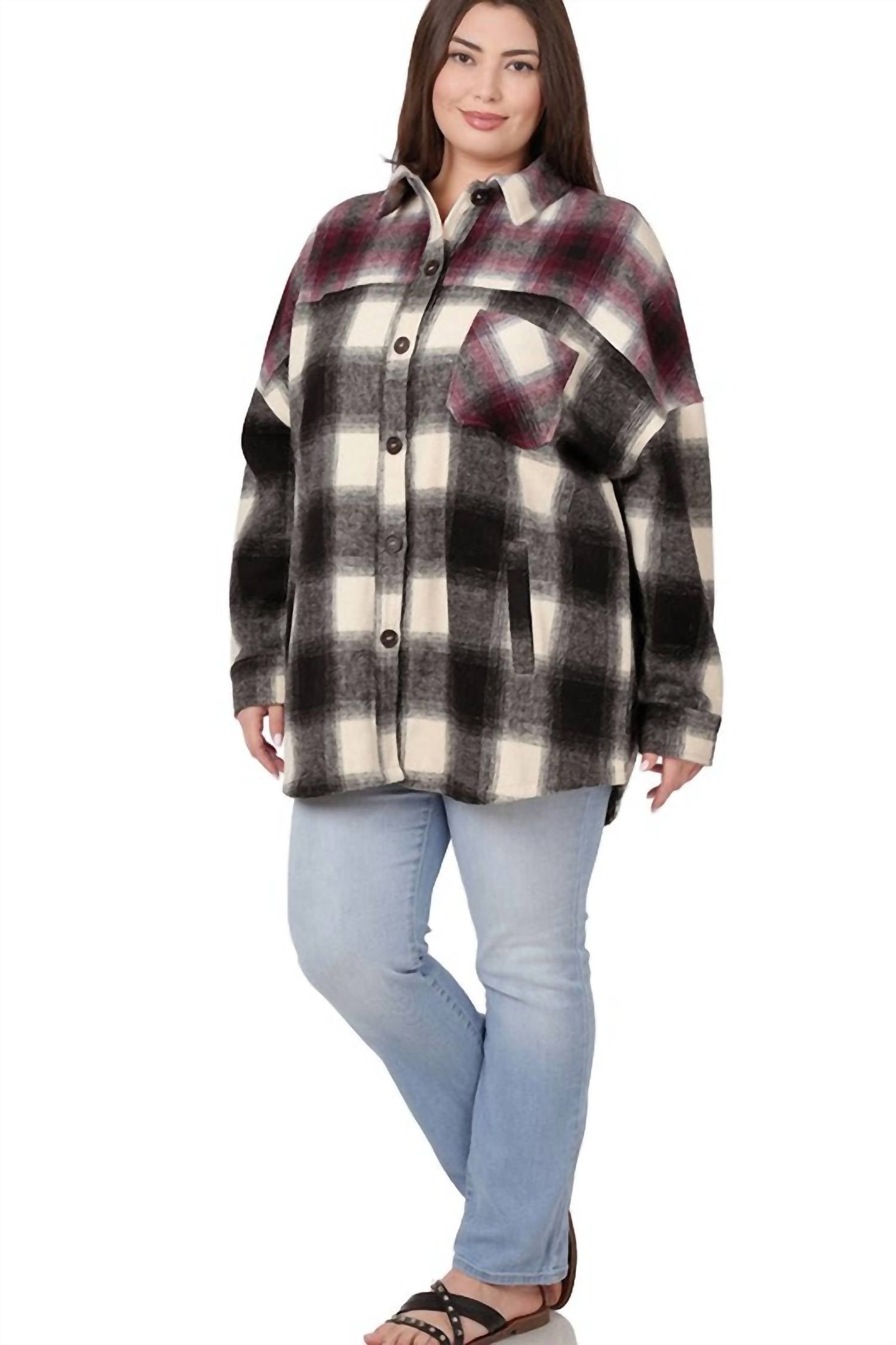 Zenana - Colorblock Plaid Longline Shacket