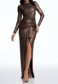 DRESS THE POPULATION Shimmery Sparkling Romera Long Sleeve Maxi Dress in bronze - women's dress