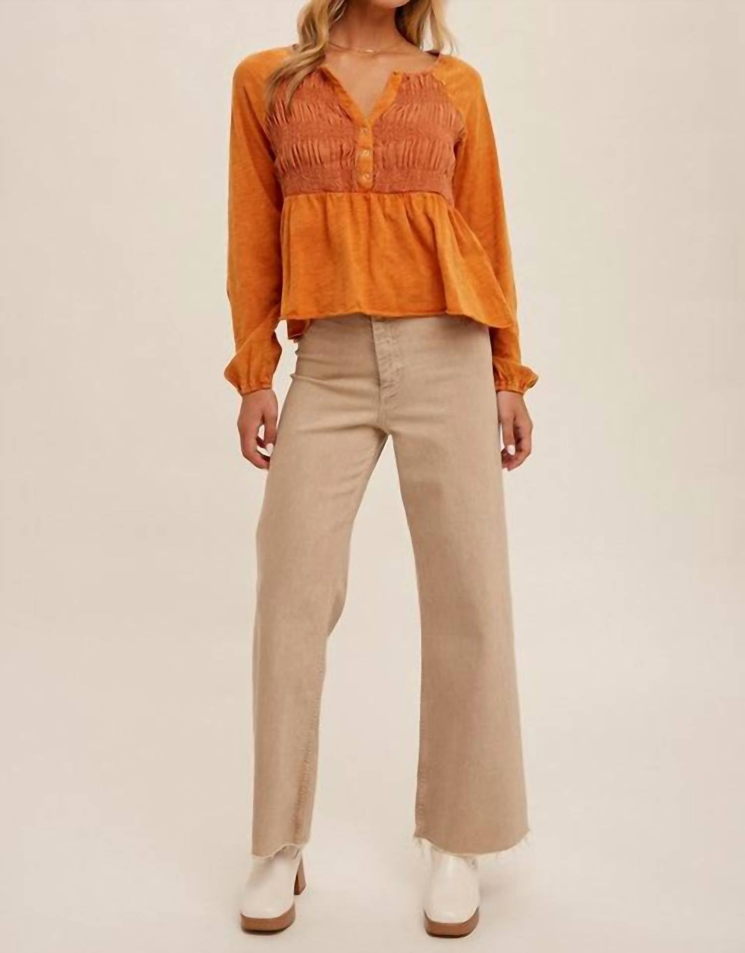 Hem & Thread Totally Over You Top in orange - women's long sleeve top - detail view