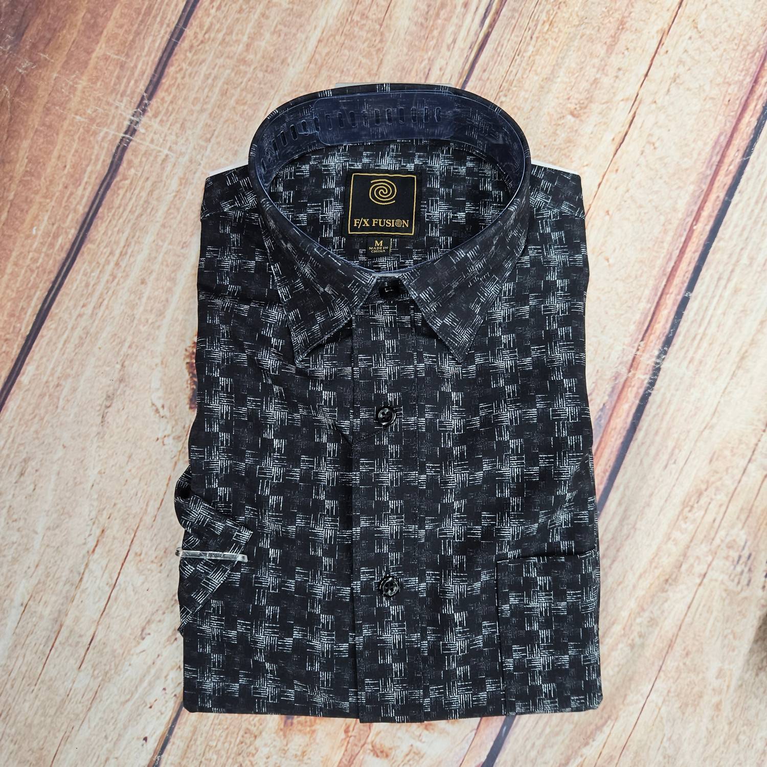 F/X Fusion Men's Short Sleeve Textured Linen Print Shirt in black and gray - men's shirt - detail view