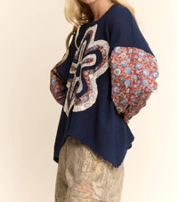 Davi & Dani - Waffle Knit Floral-sleeve Top
