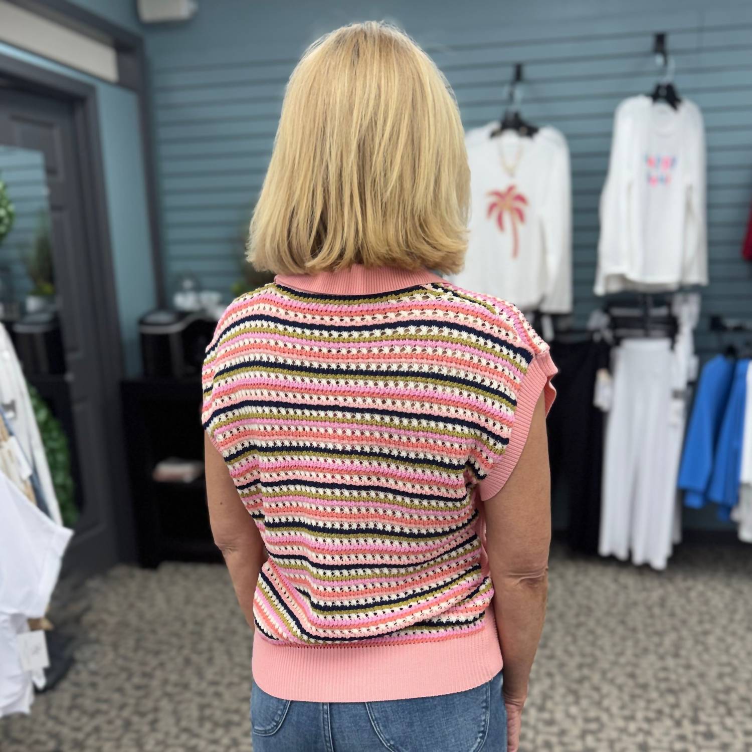 THML Short Sleeve Collared Striped Knit Top in pink - women's blouse - alternate view