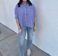 Joy Joy Stripe Button Short Sleeve Top in blue - women's shirt